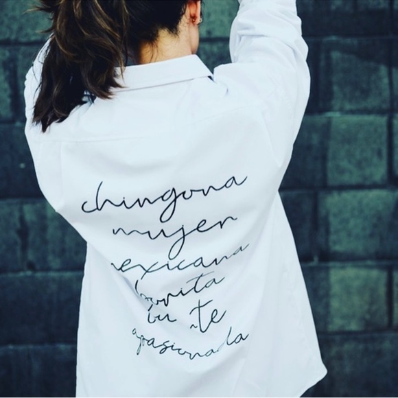 Button Down Shirt White Long Sleeve Chingona Mujer Mexicana Hand Painted Small - Picture 7 of 13